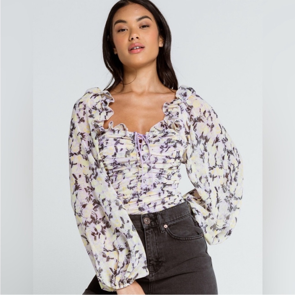 Free People Mabel Floral Ruched‎ Long Sleeve Blouse